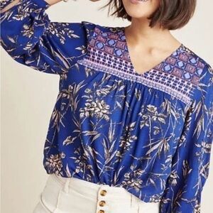 Anthropologie Indigo Blue Floral Peasant Top Embroidered Size XS